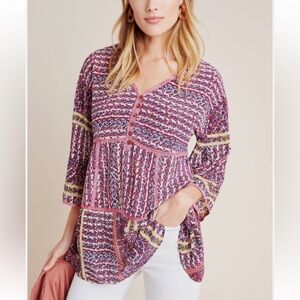 Maeve Pink Purple Patterned V-Neck Peasant Blouse